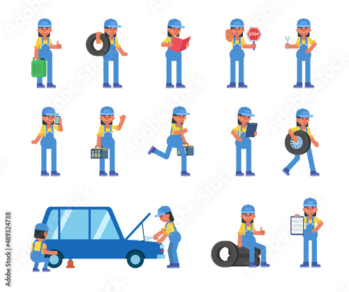 Set of woman auto mechanic characters in various situations. Auto mechanic repairing car, changing tires, talking on phone and other actions. Modern vector illustration