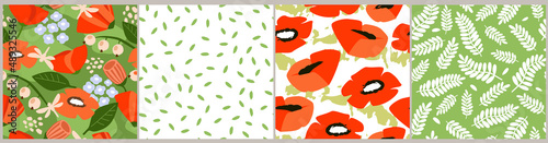 A set of plant patterns with flowers, berries, leaves, simple abstract shapes. Summer bright print with poppies. Vector graphics.
