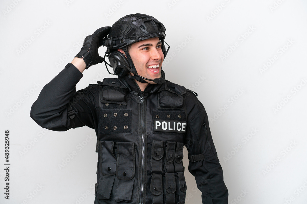 SWAT caucasian man isolated on white background has realized something and intending the solution SWAT caucasian man isolated on white background has realized something and intending the solution