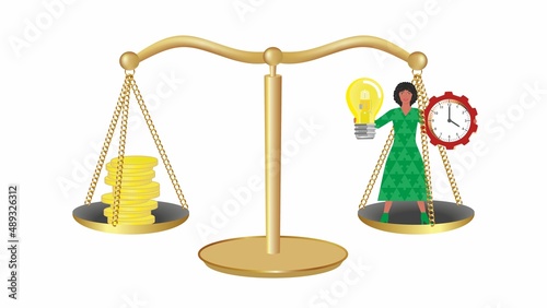 Wage negotiations. What is the work worth. Golden Weight scale with money on one side and woman at the other. Fair salary discussion. Vector illustration. Isolated on white background.