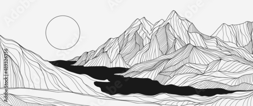 Abstract mountain line art background. Minimalist landscape on white wallpaper with hills, sun, moon and river in hand drawn pattern. Design for cover, banner, print, wall art, decoration.