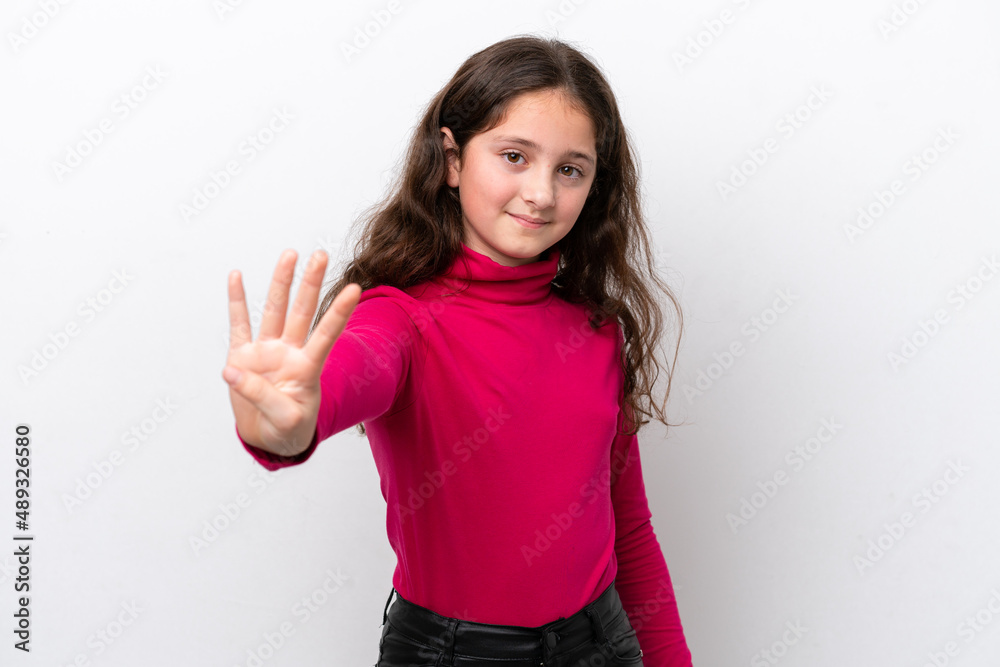 Little girl isolated on white background happy and counting four with fingers Little girl isolated on white background happy and counting four with fingers