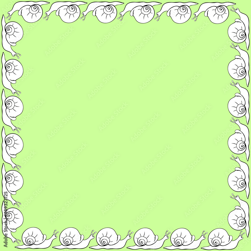 Vector square border, frame of outline cute snails in doodle style. Simple background, decoration for Natural design, kids theme Vector square border, frame of outline cute snails in doodle style. Simple background, decoration for Natural design, kids theme