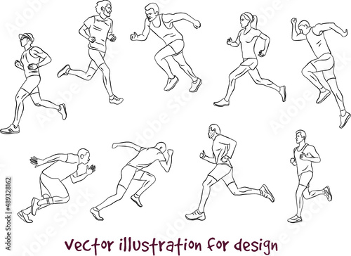 illustrations of running people. Vector silhouette set 