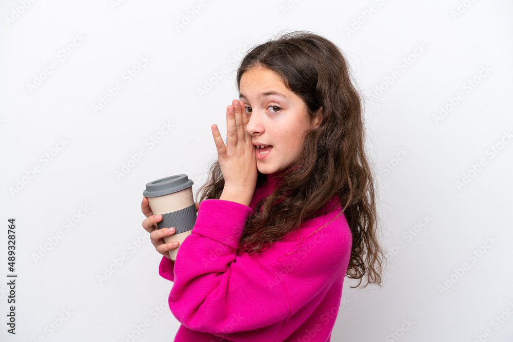 Little caucasian girl holding a take away coffee isolated on white background whispering something Little caucasian girl holding a take away coffee isolated on white background whispering something
