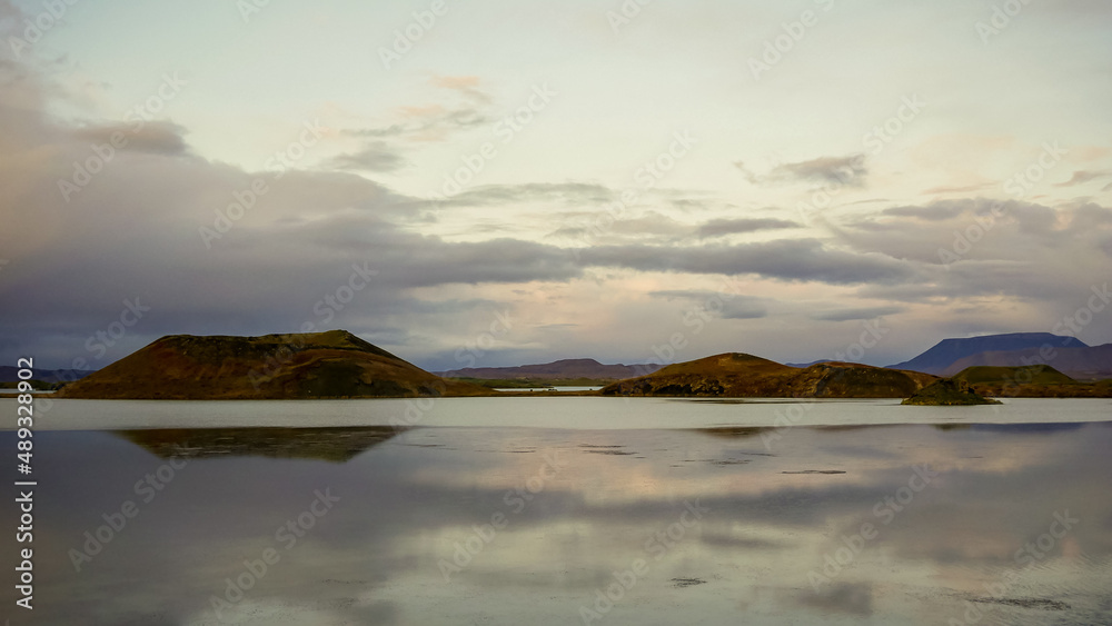 Iceland Myvatn lake with unique volcanic pseudo craters, wonderful icelandic landscape, summer season.