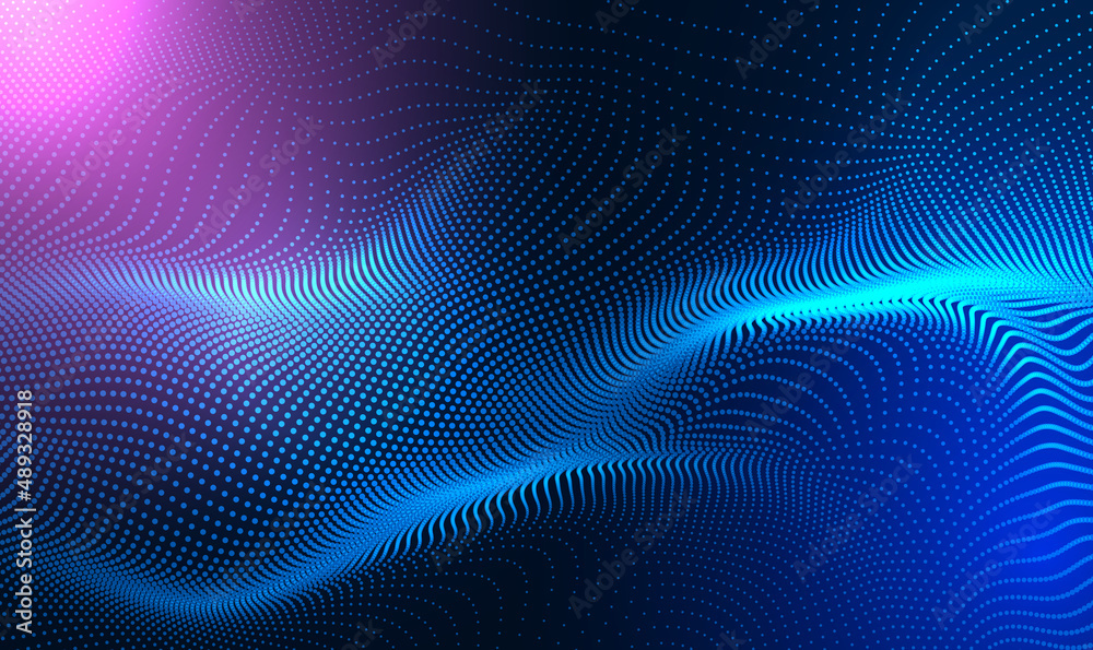 Abstract Waving Particle Technology Background Design. Abstract wave moving dots flow particles, hi-tech and big data background design for brochures, flyers, magazine, business card, banner. Vector
