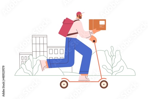 Courier driving scooter with box. Deliveryman rider from fast delivery service. Man with backpack and cardboard carrying smth on eco transport. Flat vector illustration isolated on white background