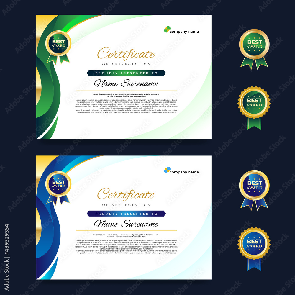 Obraz premium Gradient Elegant Curve Green and Blue Certificate Design Template