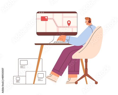 Manager controlling shipping, logistics in delivery service office. Supervisor checking route, tracking shipment with online map at computer. Flat vector illustration isolated on white background