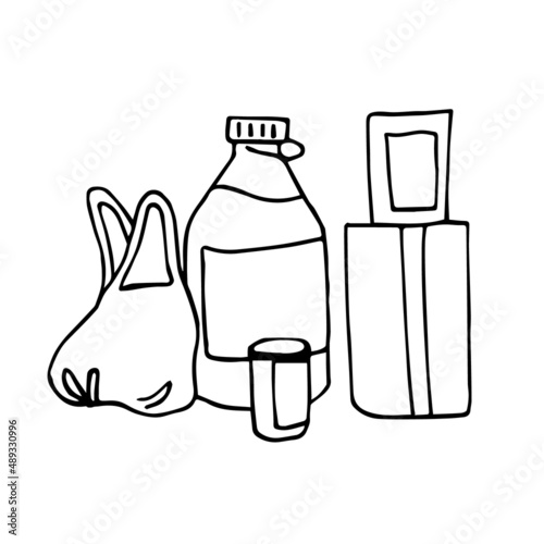 Vector illustration of humanitarian aid: water, food boxes, basic necessities.