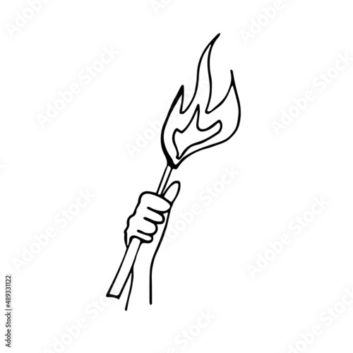 Doodle illustration of a hand holding a burning torch on a white background isolated.No war