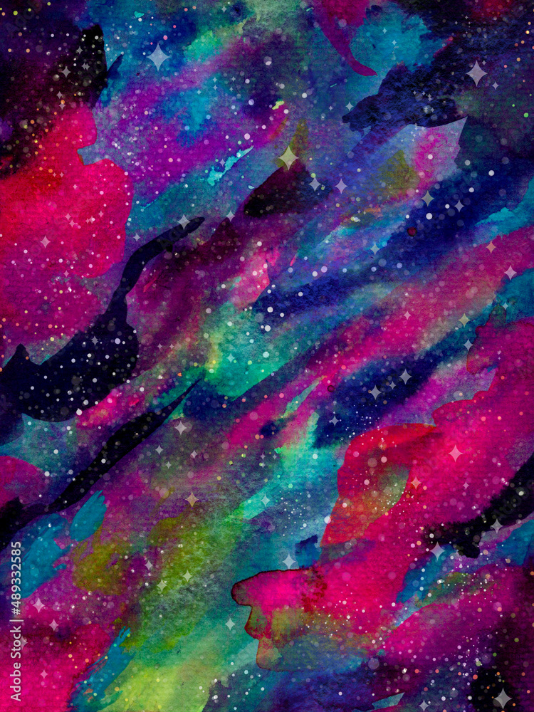 Colurful galaxy nebula and cosmic dust stock painting drawing watercolor