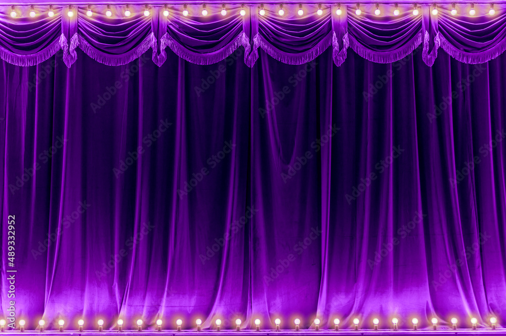 purple or violet Theater curtain and neon lamp around border