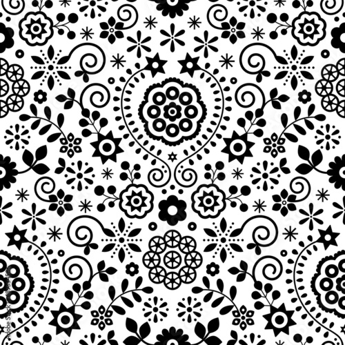 Polish folk art retro vector seamless pattern with flowers inspired by folk art embroidery Lachy Sadeckie - black and white textile or fabric print design
	