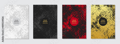 Cover design set. Extravagant backgrounds, golden grunge texture, vertical templates collection. Stylish decoration for brochure, catalog, book, poster, flyer design.