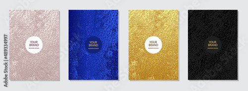 Cover design set. Satin chic colorful backgrounds, golden grunge texture, vertical templates collection. Stylish decoration for brochure, catalog, book, poster, flyer design.