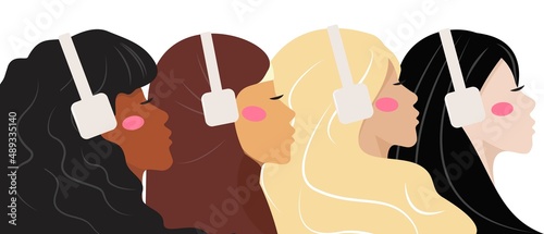 Multicultural female faces listening to podcast, music, radio. Women with headphones. African, arabic, european, asian. Women different nationalities and cultures. Diversity concept illustration.