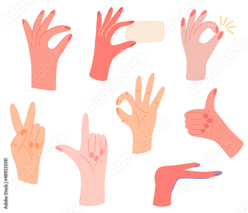 Different hands big set. Various gestures. Pointing hands, gesturing communication language, palm gesture designation. Flat vector illustration isolated on white background