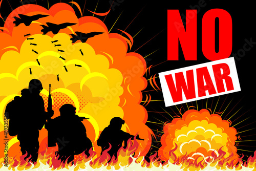 No War. Stop War. Stop violence and colonization vector illustration. Soldiers holding guns fighting against a fighter suit dropping bombs 