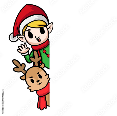Merry Christmas card, Elf and reindeer with blank signboard. Holiday greeting card. Isolated vector illustration. Christmas character holding blank sign.