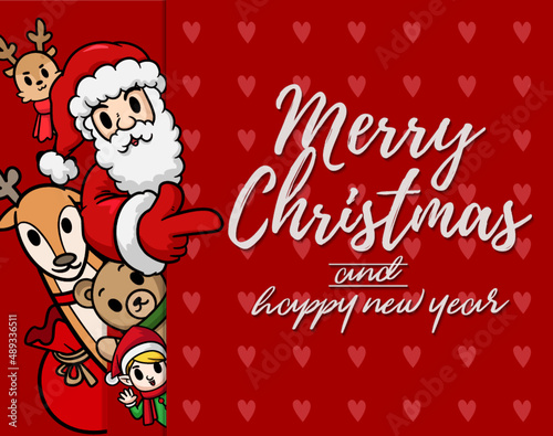 Merry Christmas vector text Calligraphic Lettering design card template for website . Santa Claus with red blank signboard. Happy smiling cartoon character. Holiday greeting card vector illustration.