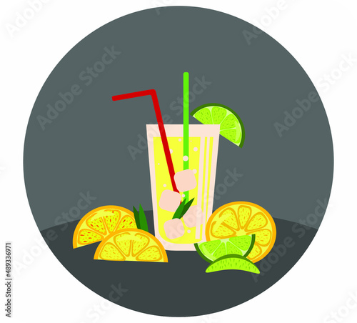 Juice with ice. Citrus fruit cocktail. A healthy lifestyle and the benefits of vitamins in a glass.