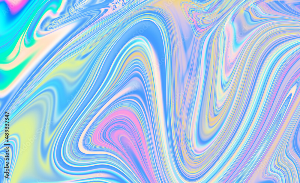 Abstract textured iridescent multicolored liquid background in blue tones.