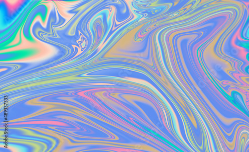 Abstract textured iridescent multicolored liquid background in blue tones.