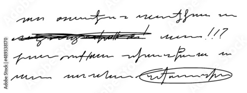 Fragment of vector unreadable handwriting, crossed out word. Exclamation points, circled important word. Doodle illustration of unreadable text on a white background.
