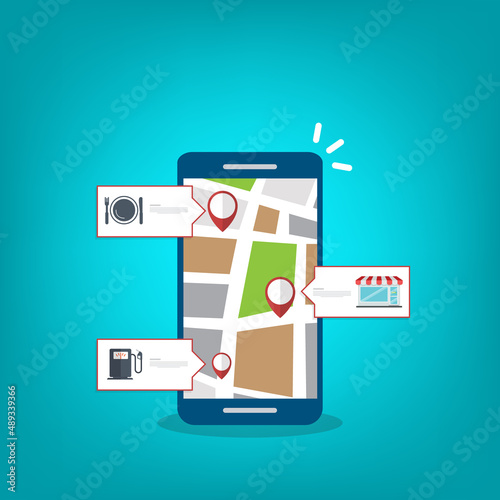 Store locator tracker app. Mobile gps navigation. Vector illustration.