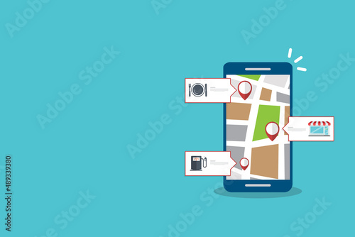 Store locator tracker app. Mobile gps navigation. Vector illustration.