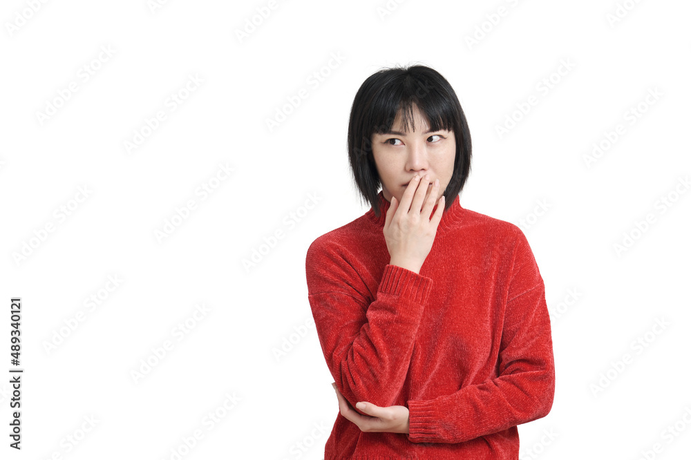 Young asian woman worried, wearing winter red sweater, isolated on white background. Young asian woman worried, wearing winter red sweater, isolated on white background.