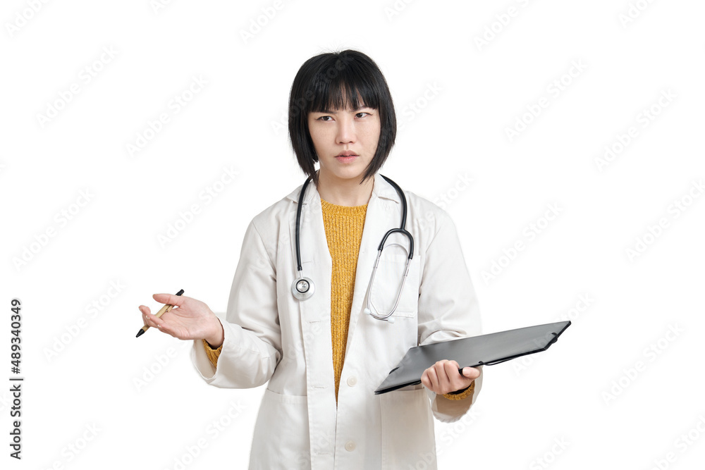 Young asian female doctor shrugging, isolated on white background. Young asian female doctor shrugging, isolated on white background.