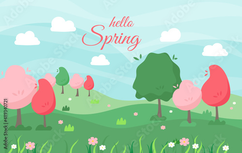 Spring landscape background. with beautiful trees and flowers  hills and field. Vector illustration. Hello springtime