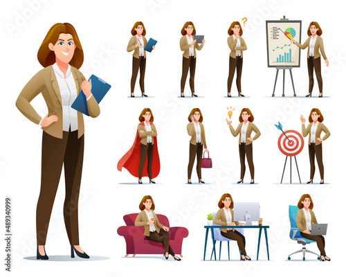 Set of business woman character with different poses and situations cartoon illustration