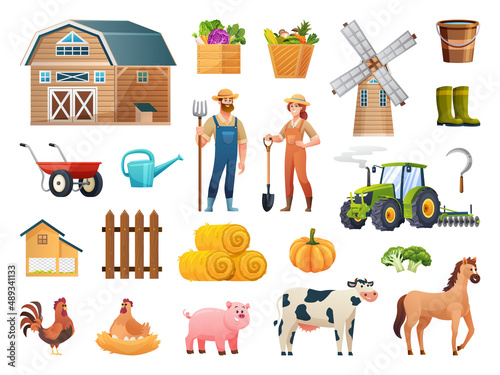Set of farm elements in cartoon style
