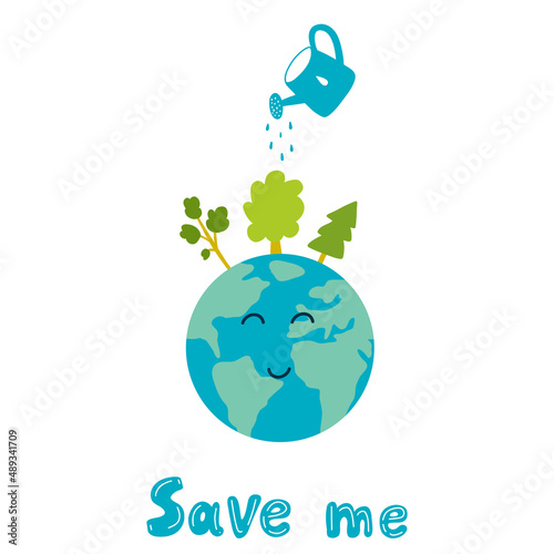vector illustration of Earth planet with watering can watering trees in cartoon hand drawn style. Concept of save the planet, Earth Day, save the world, ecology and the environment