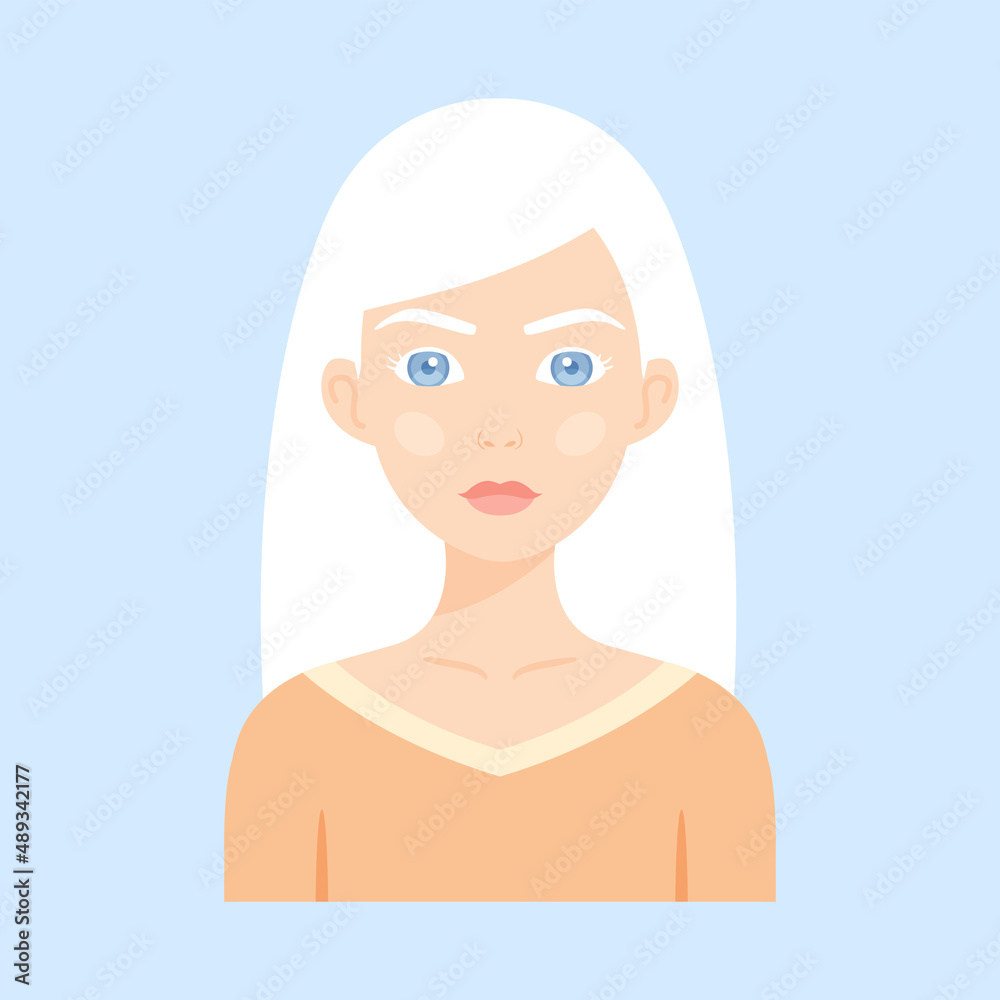 Beautiful Young Albino Woman. Portrait. White Long Hair Eyelashes and Eyebrows. Light Blue Eyes. Avatar for Pretty Lady. Flat Color Cartoon style. Light Blue background. Vector illustration. Beautiful Young Albino Woman. Portrait. White Long Hair Eyelashes and Eyebrows. Light Blue Eyes. Avatar for Pretty Lady. Flat Color Cartoon style. Light Blue background. Vector illustration.