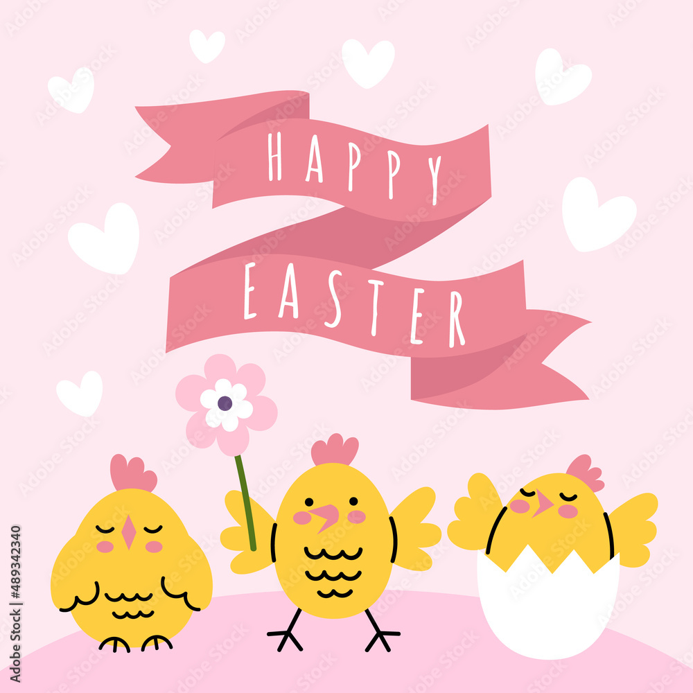 Obraz premium Easter card with cheerful yellow chicks. Ribbon with the inscription happy easter. Vector cartoon illustration