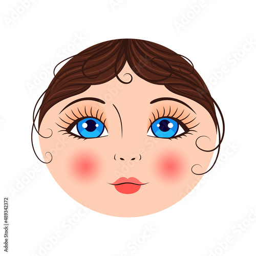 Beautiful Doll Face. Matrioska. Blue Eyes, Lush Eyelashes and Pink Lips. Red Cheeks and a Small Nose. Brown Curly Hair. Template. Flat Cartoon Color style. White background. Vector illustration.