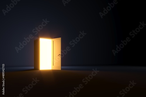 Opening door and golden light glow effect inside in empty dark room. 3d render.
