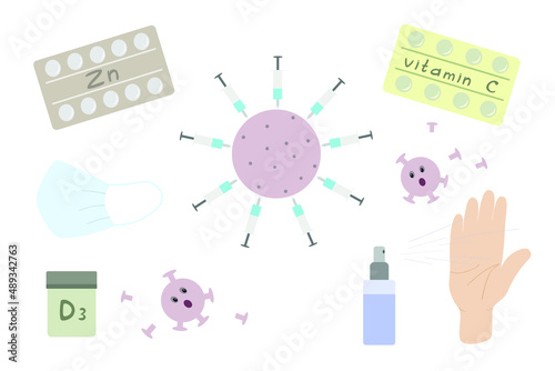 Virus control kit, vector illustration. A set of medicines against the virus. photo