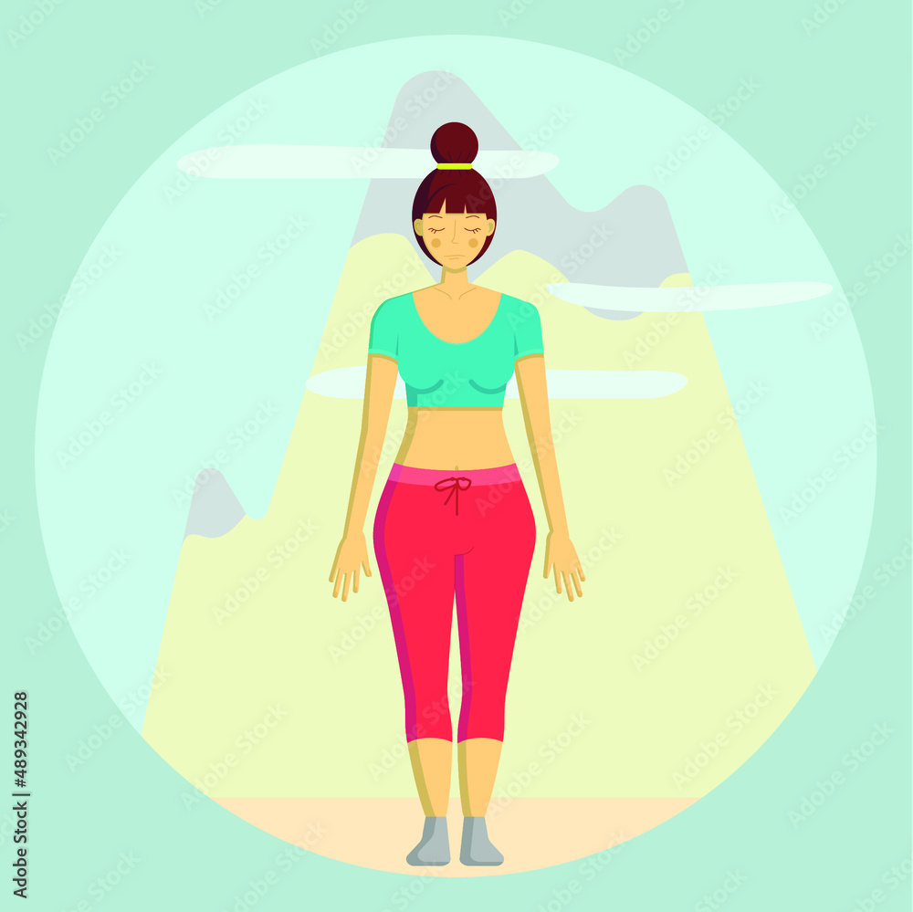 A girl in a yoga pose against the backdrop of a mountain. sport concept