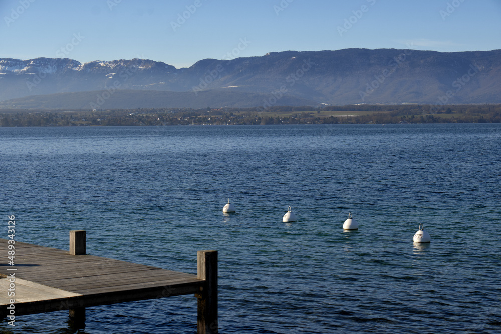 pier and buoys in winter along a shore at Hermance on Lake Geneva, Switzerland