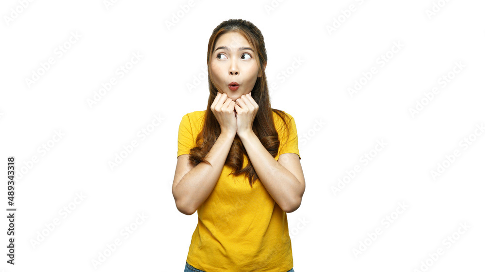 Surprised and excited young Asian woman saying wow, showing surprising, white background. Surprised and excited young Asian woman saying wow, showing surprising, white background.