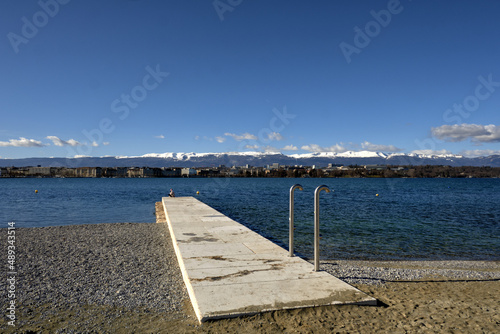 the new artificial beach of Les Eaux Vives in a beautiful winter day in Geneva, Switzerland