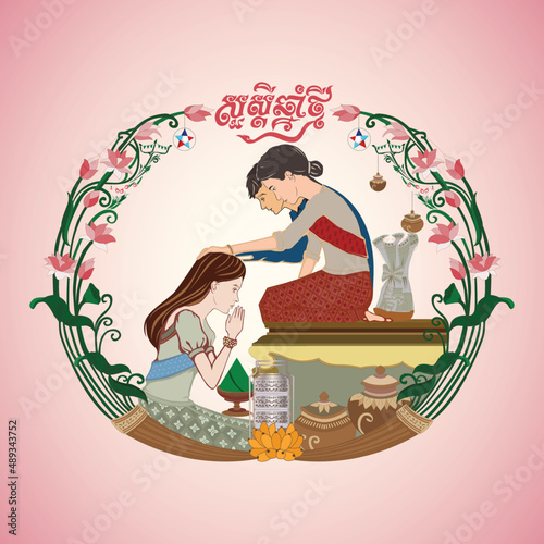 A Daughter gives food to mother their parents during Cambodia- Khmer new year, wearing traditional costume greeting people with pink color background of famous Khmer temples and monuments, The sign of