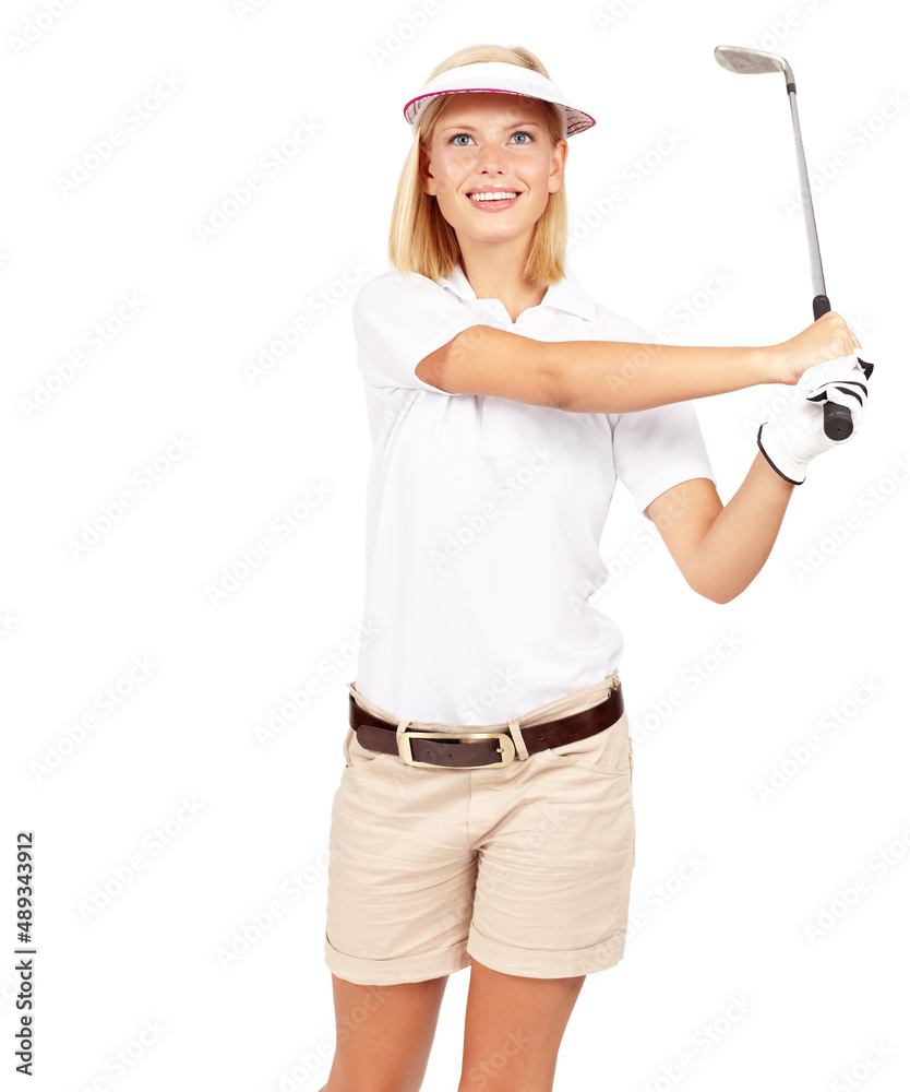 My swing is improving every day. Studio shot of an excited young female golfer swinging her club isolated on white. My swing is improving every day. Studio shot of an excited young female golfer swinging her club isolated on white.