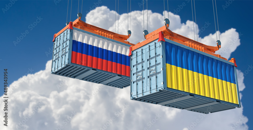 Cargo containers with Russia and Ukraine national flags. 3D Rendering 